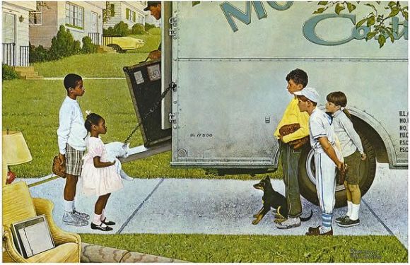 Moving In, by Norman Rockwell, inspired by integration efforts in Park Forest, Illinois.  How would the utterance of that word effect the potential relationship illustrated?